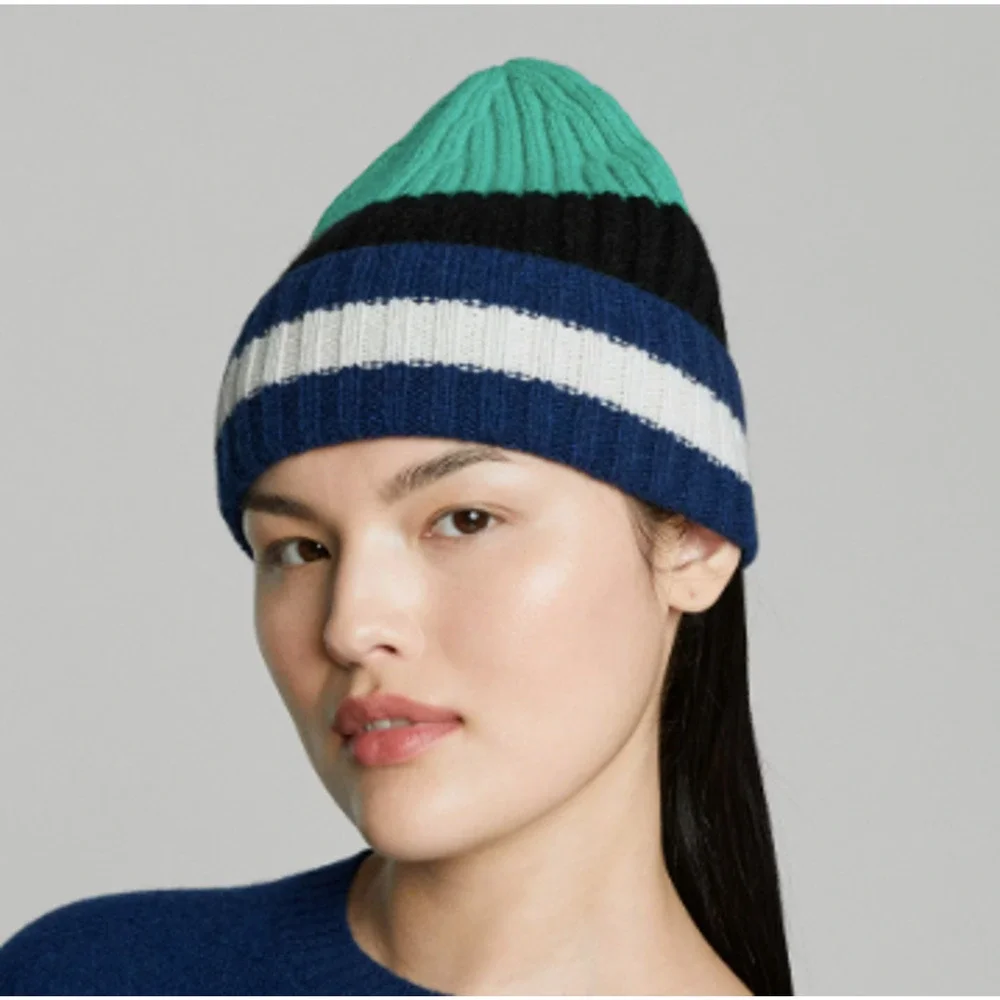 NWT Everlane Unisex Cashmere Wool Ribbed Multi-Stripe Beanie Green Navy OS